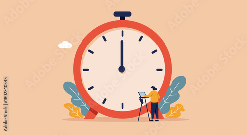 Man taking photo of a giant clock, time concept illustration.