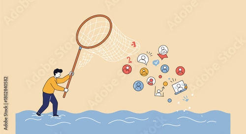 Man using a net to catch icons representing information and data.