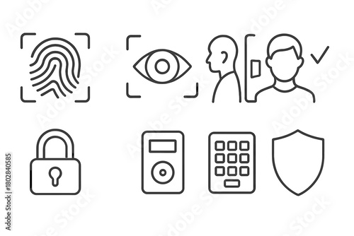 Biometric Security Icons. Line style icons of Biometric Security: Fingerprint Scanner, Eye Scan, Access Control, Identity