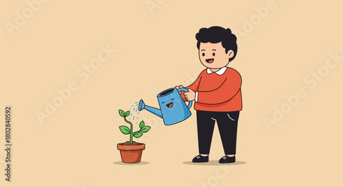 Man watering a plant in a pot, taking care of nature.