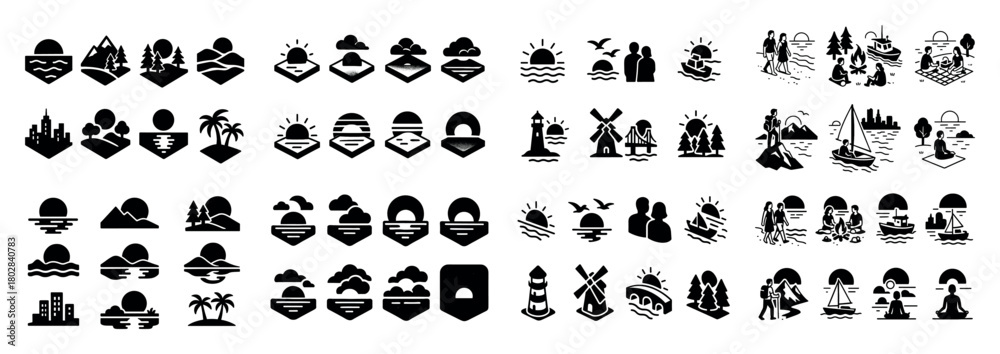 Fototapeta premium Black and white landscape icons set