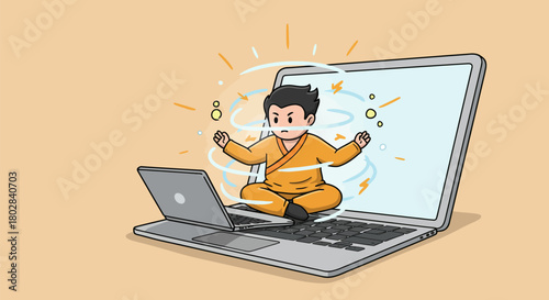 Meditating monk levitating on laptop, focused on technology and mindfulness.