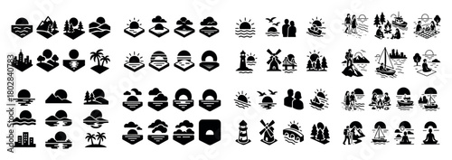 Black and white landscape icons set
