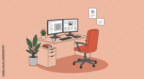 Modern workspace with dual monitors, desk, and office chair.