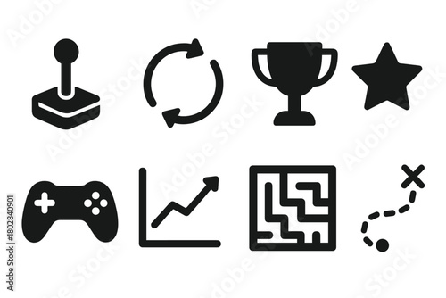Reinforcement Learning Icons. Solid style icons of reinforcement learning: joystick, arrows in circle, trophy, reward star, game