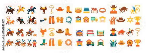 Colorful cowboy and rodeo icon set