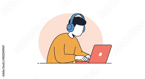 Person working on laptop with headphones, focused and concentrated.
