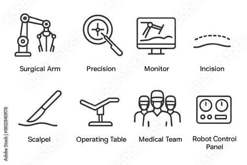 Robotic Surgery Icons. Line style icons of Robotic Surgery: Surgical Arm, Precision, Monitor, Incision, Scalpel, Operating Table,