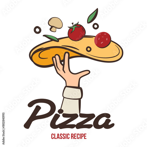A cartoon-style hand tossing pizza dough with toppings like tomato, cheese, mushroom, and leaves on a white background. Vector illustration