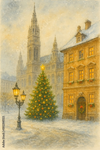 Christmas Tree on Snowy Historic City Square — Winter Holiday Watercolor Illustration