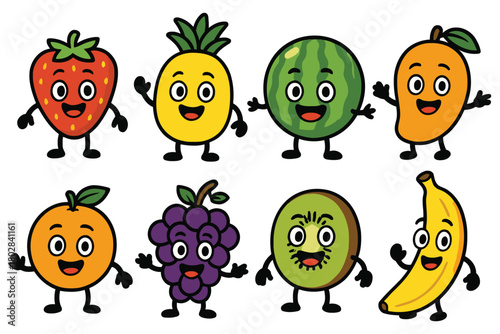 A vibrant group of eight cartoon fruits, each with a smiling face and expressive eyes, are depicted in a playful arrangement.