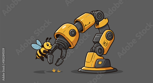 Robotic arm gently interacting with a cute, fuzzy bee.
