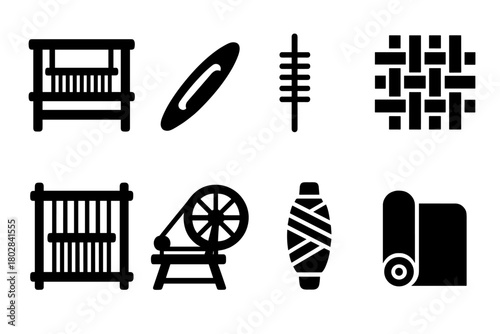 Traditional Weaving Icons. Solid style icons of Traditional Weaving: loom, shuttle, warp thread, woven pattern, heddle frame,