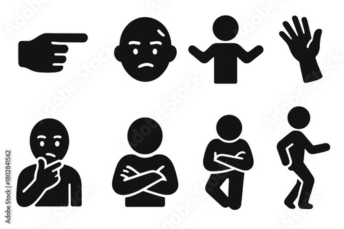 Artistic Gesture Icons. Solid style icons of Artistic Gesture: pointing finger, raised eyebrow, outstretched arms, hand wave,