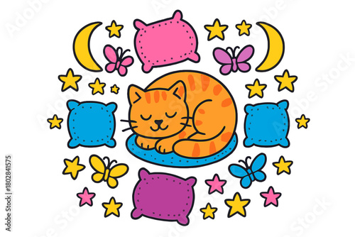 Dreamy Cat Mandala. Sleeping cat in the center with cushions, moons, butterflies, and stars arranged in dreamy mandala design,