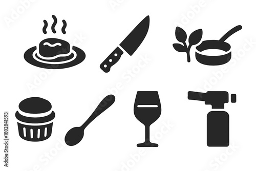 Gourmet Cooking Icons. Solid style icons of Gourmet Cooking: plated dish, chef’s knife, herb garnish, copper pan, soufflé dish,