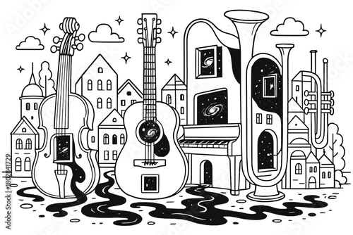 Instrumental Cityscape Surrealism. Surreal city made of giant instruments, rivers of ink flowing, and windows opening into