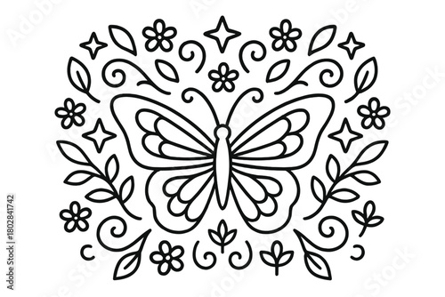 Symmetrical Butterfly Design. Butterfly in the middle with stars, flowers, swirls, and leaves radiating outward in symmetrical
