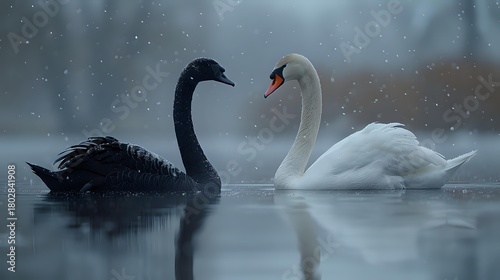 Fototapeta Naklejka Na Ścianę i Meble -  Black and white swans forming heart shape on misty lake during snowfall, symbolizing love, unity, and contrast in nature.