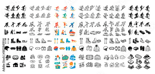 Winter sports and equipment icons set