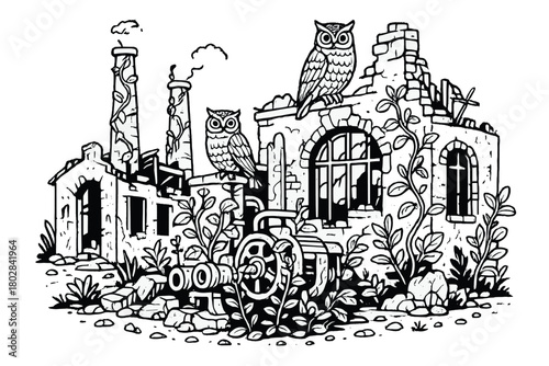 Nature Reclaims Factory. Ruined factory with plants sprouting from machines, vines climbing smokestacks, and owls perched above,