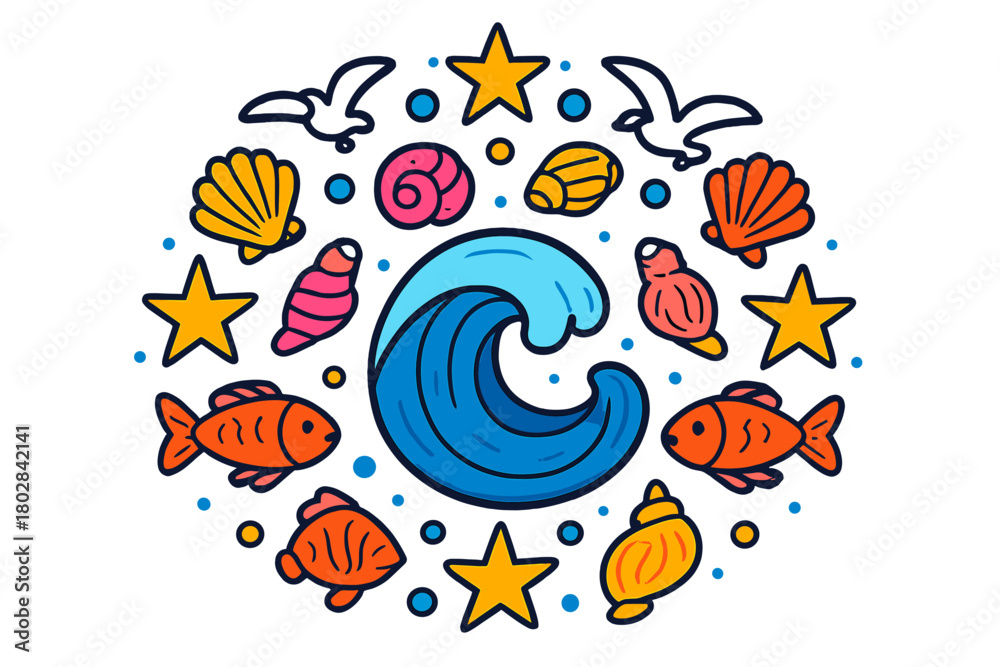 Fototapeta premium Marine Mandala Art. Ocean wave in the middle with seashells, fish, seagulls, and stars radiating outward in marine mandala