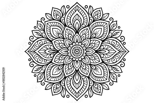Intricate Floral Mandala. Intricate mandala with floral and geometric patterns, detailed petals, circles, and abstract lines,