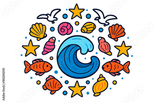 Marine Mandala Art. Ocean wave in the middle with seashells, fish, seagulls, and stars radiating outward in marine mandala