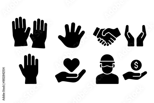 Volunteering Gloves Icons. Solid style icons of volunteering gloves: safety gloves, handprint, handshake, open hands, raised hand,