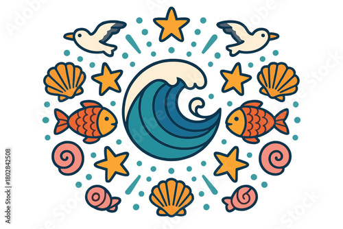 Ocean Mandala Vortex. Wave in the middle with shells, fish, seagulls, and stars radiating outward in ocean mandala balance, bright