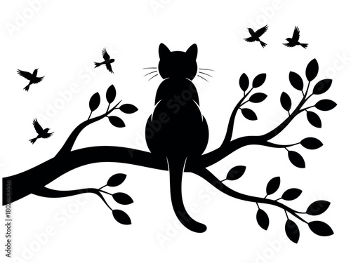 Silhouette of a black cat perched on a tree branch, observing birds flying nearby.