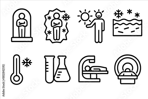 Cryonics Icons. Line style icons of Cryonics: Preservation Chamber, Frozen Body, Future Revival, Optimism, Frost Layer,