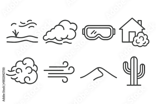 Dust Storm Icons. Line style icons of Dust Storm Landscape: Arid Plain, Rolling Cloud, Goggles, Shelter, Dust Cloud, Wind, Sand