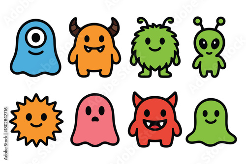A vibrant set of eight distinct, hand-drawn cartoon monsters, each with its own playful personality and charming design.