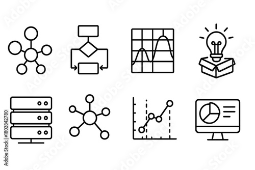 Data Mining Icons. Line style icons of Data Mining: Data Cluster, Algorithm, Pattern Recognition, Insight Discovery, Server Rack,
