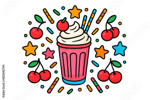 Dessert Mandala Delight. Milkshake in the middle with cherries, straws, sprinkles, and stars radiating outward in fun dessert