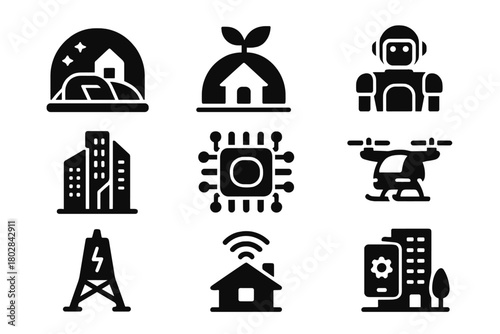 Futuristic Society Icons. Solid style icons of Future Society: space colony, eco dome, humanoid robot, vertical city, AI hub,