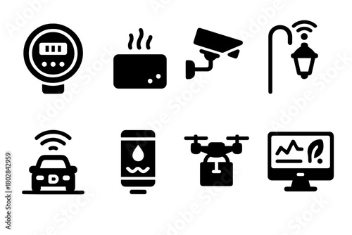 IoT City Icons. Solid style icons of IoT in Cities: smart meter, air quality sensor, traffic sensor, connected lamp, parking