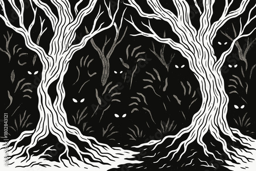 Haunting Forest Shadows. Nightmare forest with twisted trees, shadow hands reaching out, and glowing eyes hiding in the dark,