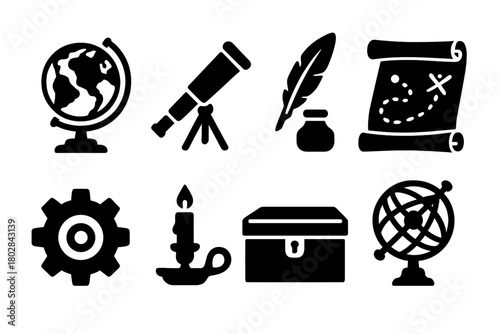 Scientific Heritage Icons. Solid style icons of Scientific Heritage: ancient globe, old telescope, ink quill, parchment chart,