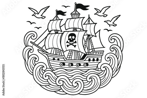 Pirate Ship Illustration. Pirate ship in the center with cannons, waves, flags, and seagulls arranged in circular balance, black