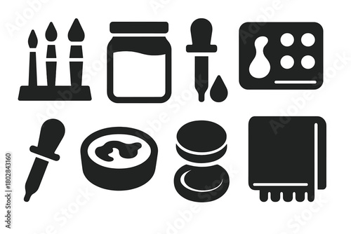 Painting Accessories Icons. Solid style icons of Painting Accessories: brush stand, rinse jar, paint dropper, wet palette, pipette