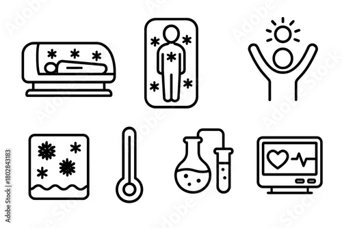 Cryonics Preservation Icons. Line style icons of Cryonics: Preservation Pod, Frozen Body, Future Revival, Optimistic Symbol, Frost