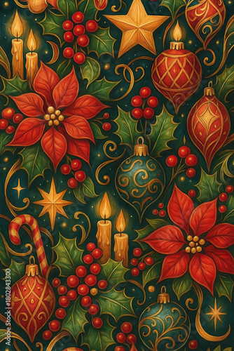 Vintage Christmas Pattern • Poinsettia & Holly Retro Holiday Art • Gold Ornaments & Candles Seamless Christmas Design