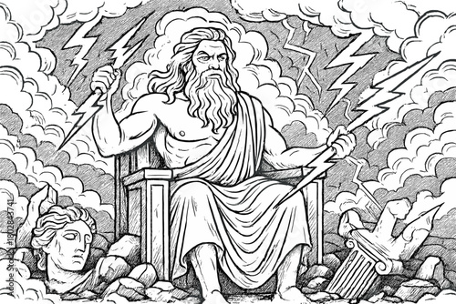 Zeus' Stormy Throne. Zeus on a stormy throne with lightning bolts, broken statues, and storm clouds swirling around, black and