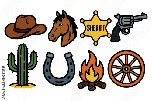 A vibrant collection of iconic Western symbols arranged in two rows, perfect for illustrating a Wild West theme.