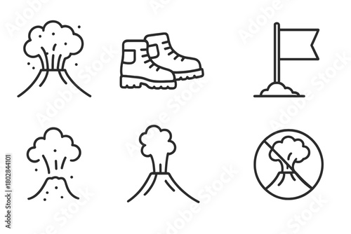 Volcanic Ash Icons. Line style icons of Volcanic Ash: Eruption Plume, Hiking Boots, Observatory, Warning Flag, Hot Ash Deposit,