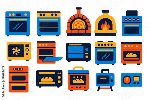 Diverse Oven Icons. Flat vector icons of ovens: modern electric oven, gas oven, brick pizza oven, vintage wood-fired oven,