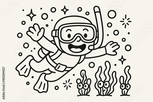 Cheerful Diver Adventure. Cute doodle vector artwork of a cheerful diver with a big grin, swimming among doodle sparkles, happy