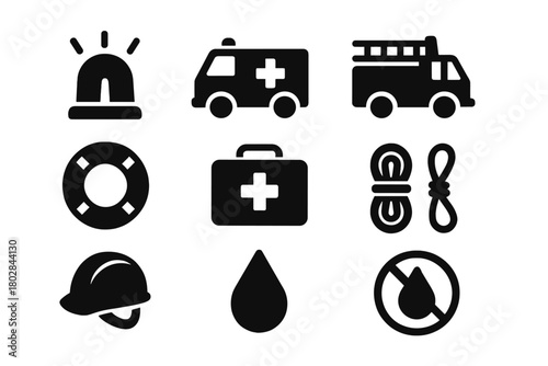 Emergency Icons Set. Solid style icons of emergency response: siren, ambulance, fire truck, lifebuoy, first aid kit, rope, helmet,